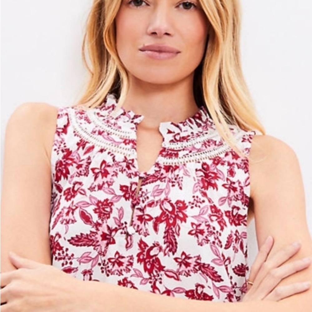 LOFT Floral Ruffle Neck Blouse - Red and White